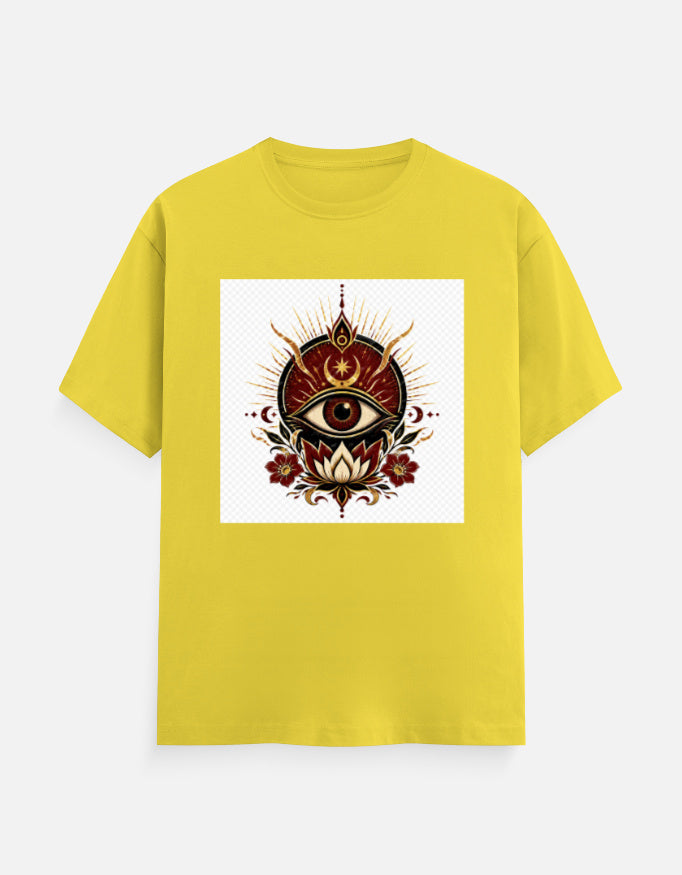 Yellow crew-neck T-shirt with front eye graphic print