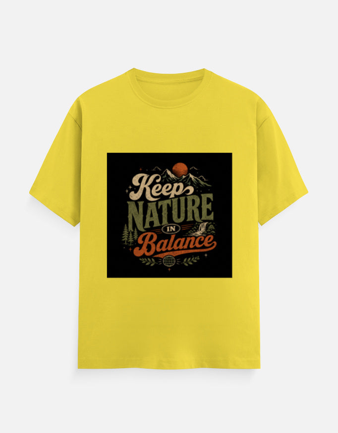 Yellow crew neck T-shirt with "Keep Nature Balance" graphic print