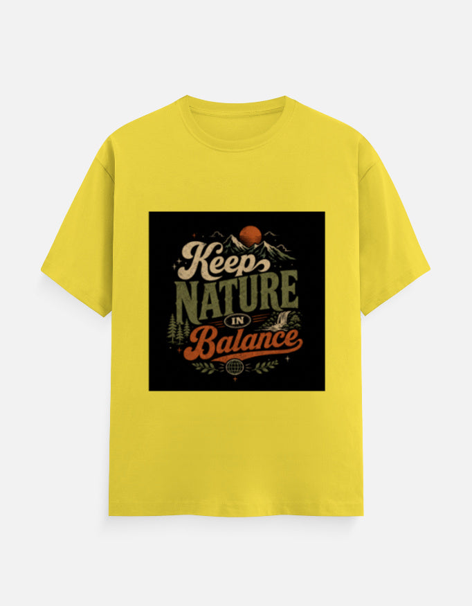 Yellow crew-neck T-shirt with 'Keep Nature Balance' nature logo print