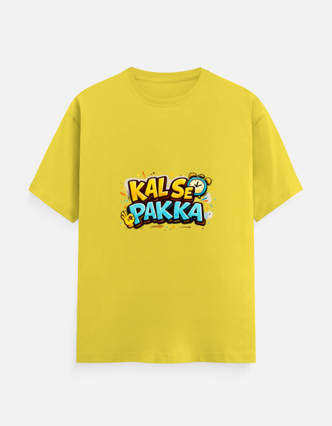 New yellow crew T-shirt with front 'KAL'SE PAKKA' graphic, round neck