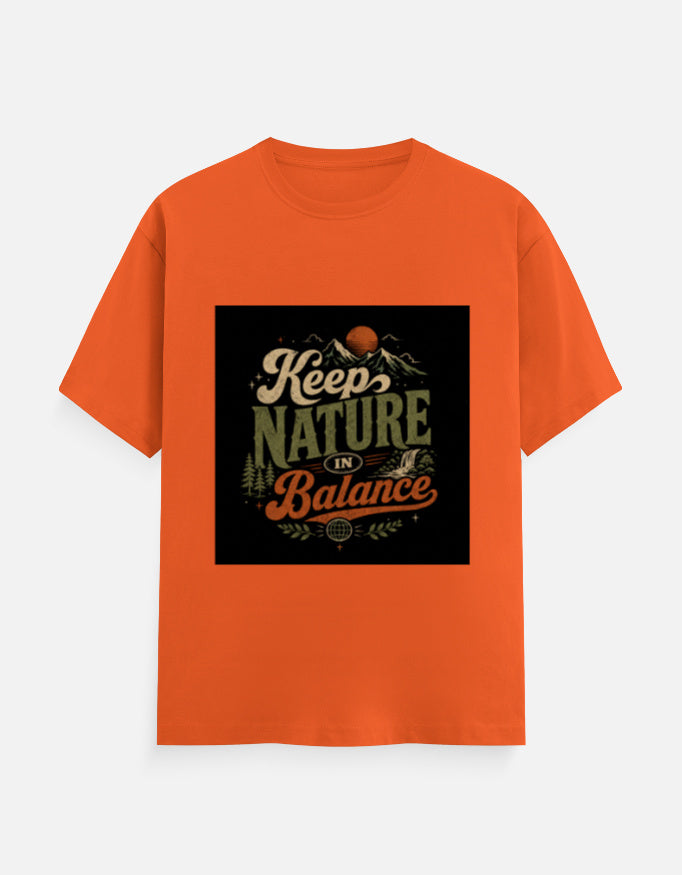Orange crew-neck T-shirt with 'Keep Nature Balance' nature logo print