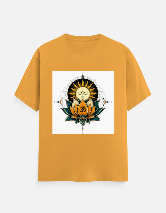 Mustard yellow crew-neck T-shirt with front lotus meditation graphic print.