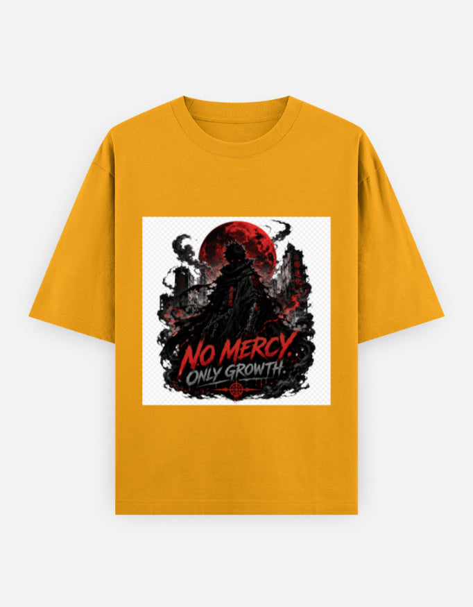 Oversized crew-neck tee, golden yellow, front “NO MERCY” graphic with red moon and skull