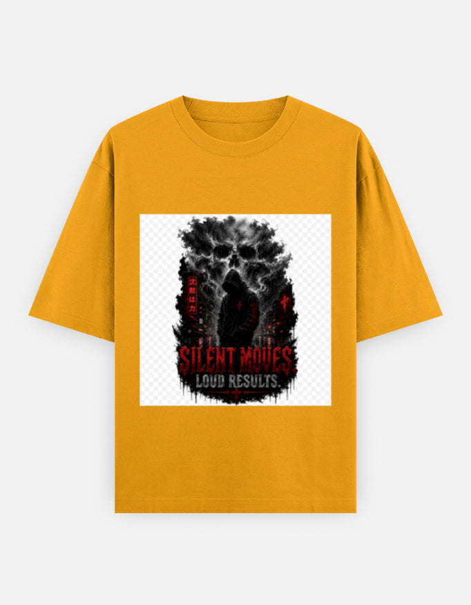 Gold oversized crewneck tee with front graphic print, short sleeves
