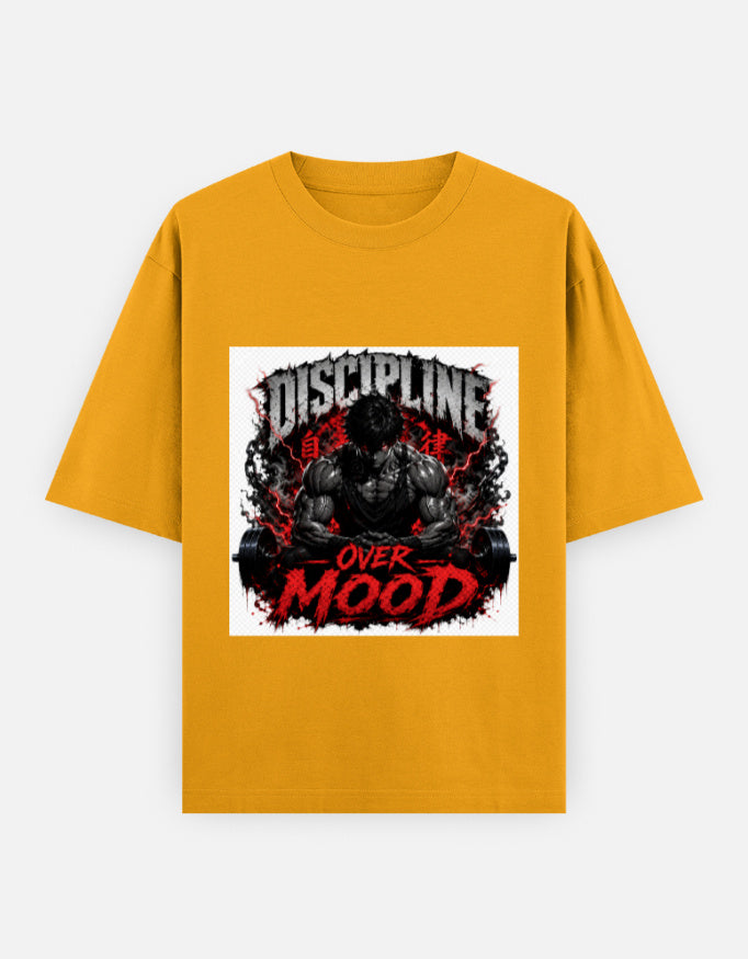 Oversized crewneck graphic tee, golden yellow with red and black "Discipline Over Mood" print