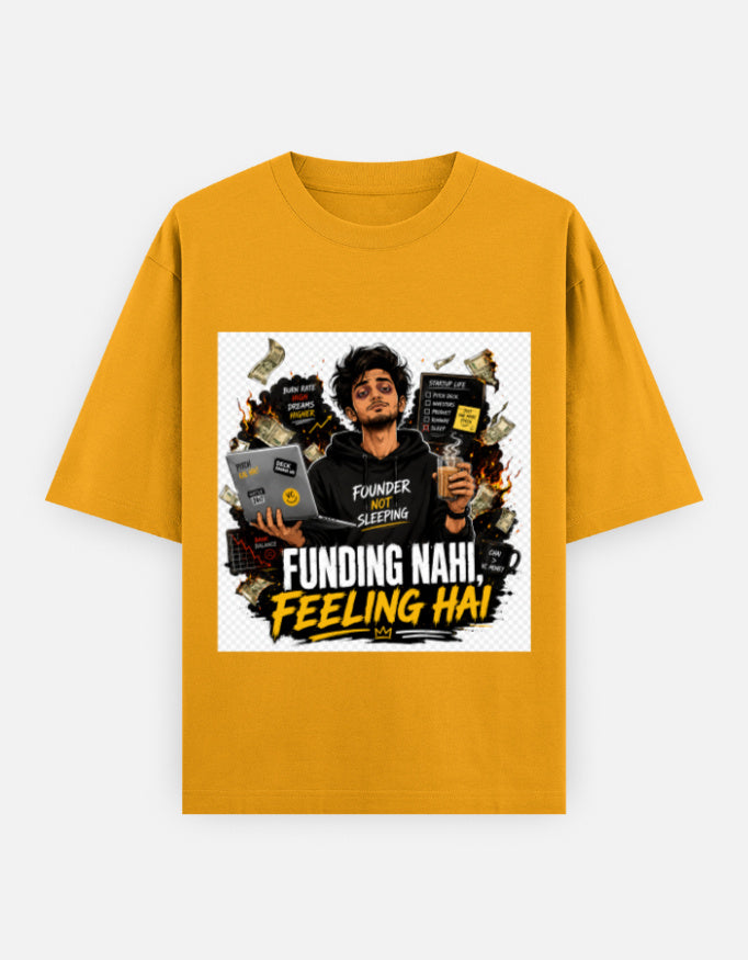 Oversized classic tee, golden yellow crew neck, front artwork graphic print