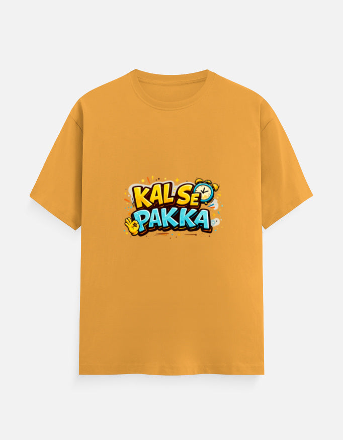 Golden yellow crew T-shirt with front 'KAL'SE PAKKA' graphic, round neck
