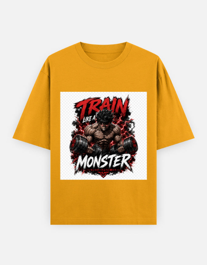 Oversized classic tee in golden yellow with front graphic of a monster and train flames.