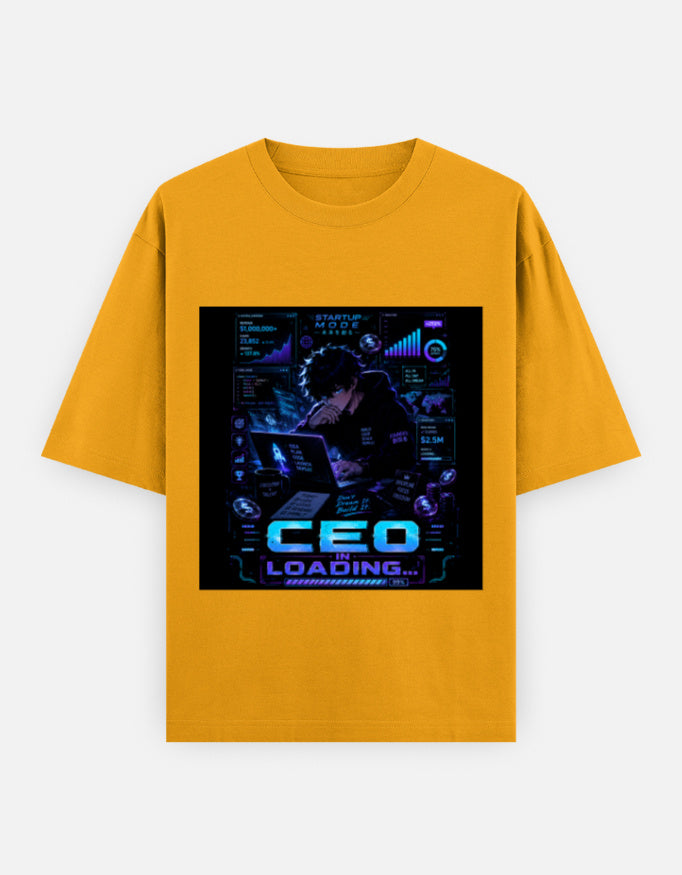 Golden yellow crew-neck t-shirt with blue CEO loading graphic print on chest