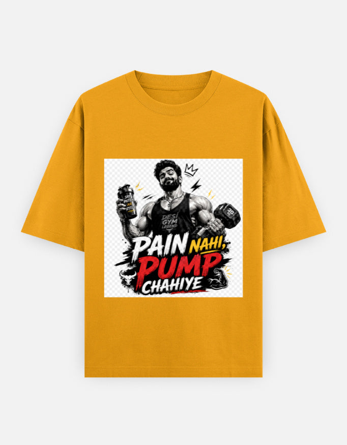 Oversized classic tee, golden yellow, bodybuilder workout graphic on front panel