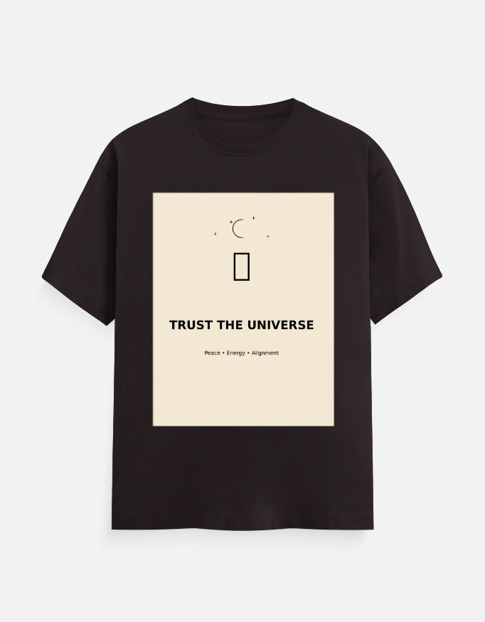 Coffee brown crew neck T-shirt with front graphic print and short sleeves.