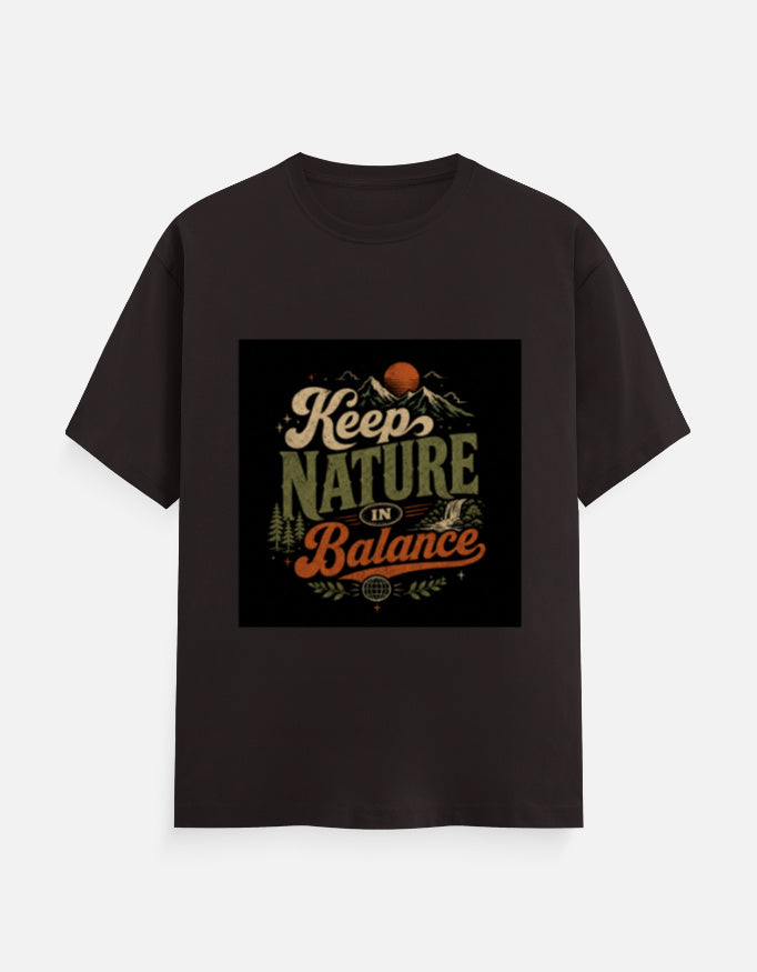Crew tee in dark brown/black with “Keep Nature Balance” nature graphic on front