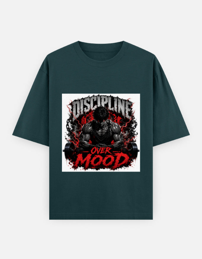 Dark green oversized tee with “Discipline” graphic and red text print on front