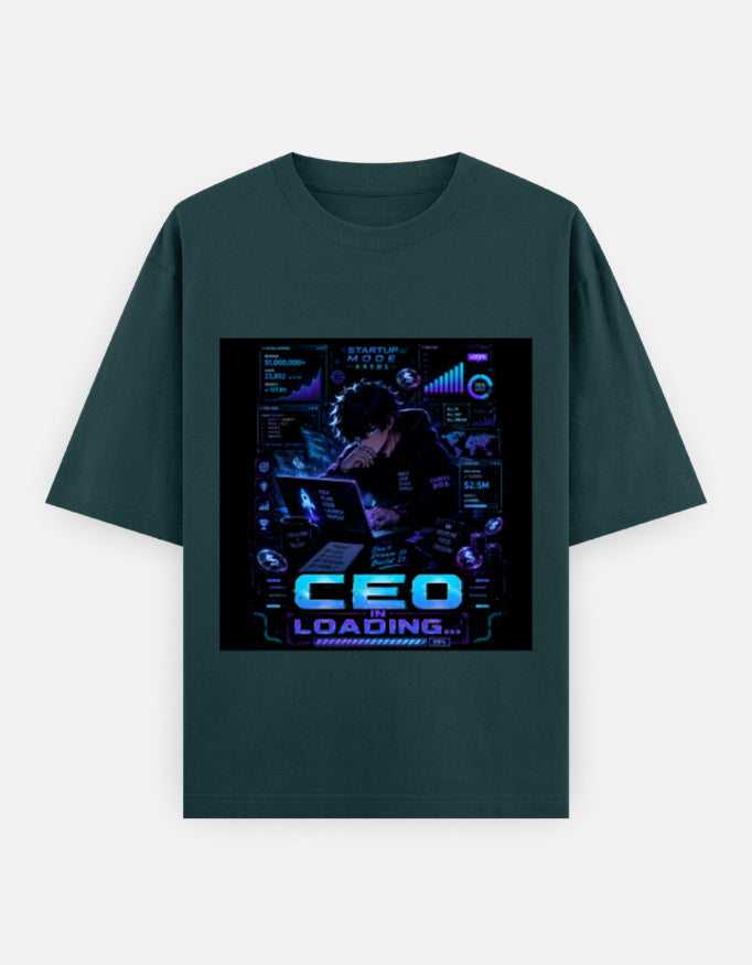 Dark green oversized drop-shoulder T-shirt with front graphic print