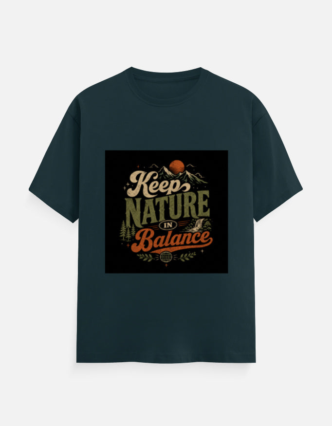 Dark teal crew neck T-shirt with front nature balance graphic print