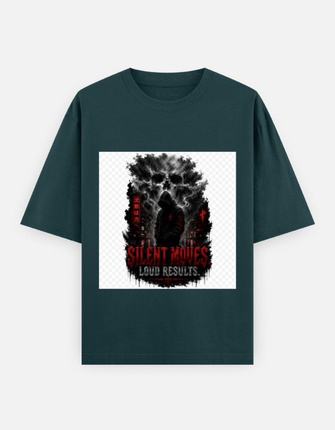 Oversized classic tee, dark green, square graphic with black figure and red text.