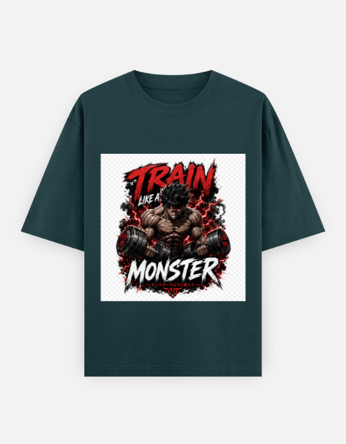 Oversized classic tee in dark green with front monster graphic and red lettering