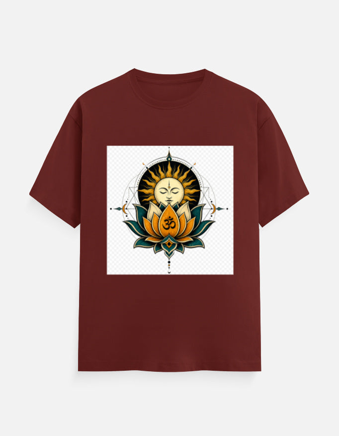 Brick red crew-neck T-shirt with front lotus meditation graphic print.