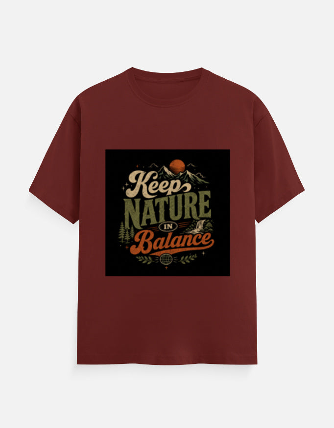 Crew tee in brick red with “Keep Nature Balance” nature graphic on front