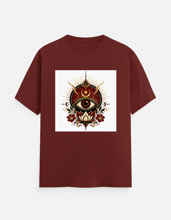 Brick red crew-neck T-shirt with front eye graphic print
