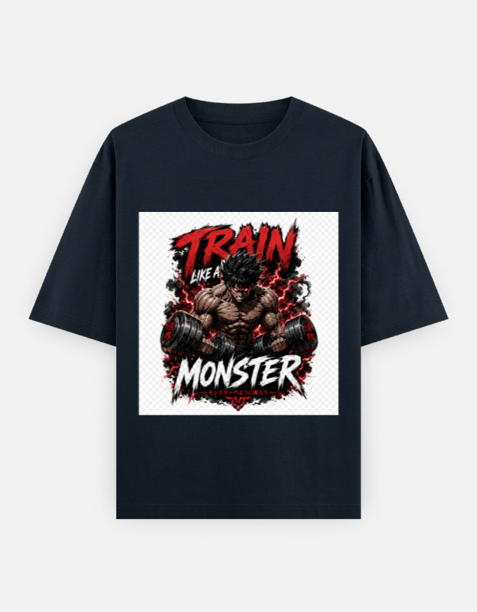 Oversized classic tee in navy with front graphic of a monster and train flames.