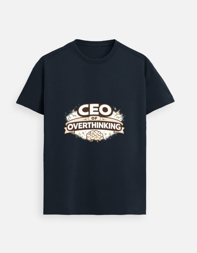 Navy blue unisex graphic tee, front “CEO of OVERTHINKING” design