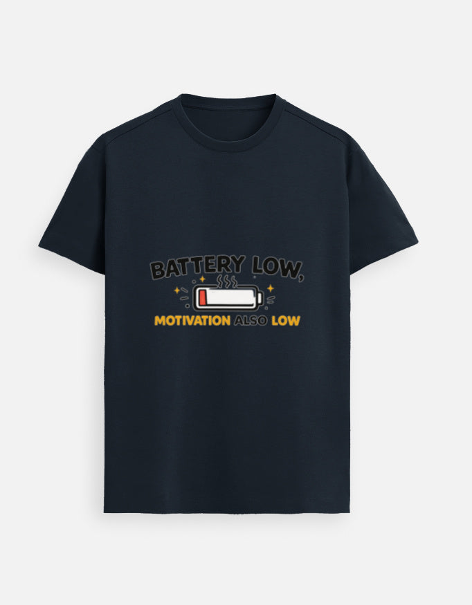 Navy blue graphic crewneck tee with 'BATTERY LOW' and 'MOTIVATION ALSO LOW' print
