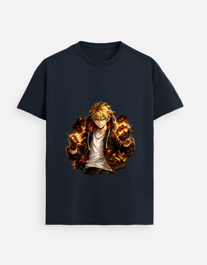 Navy unisex graphic tee with fiery character print centered on the chest