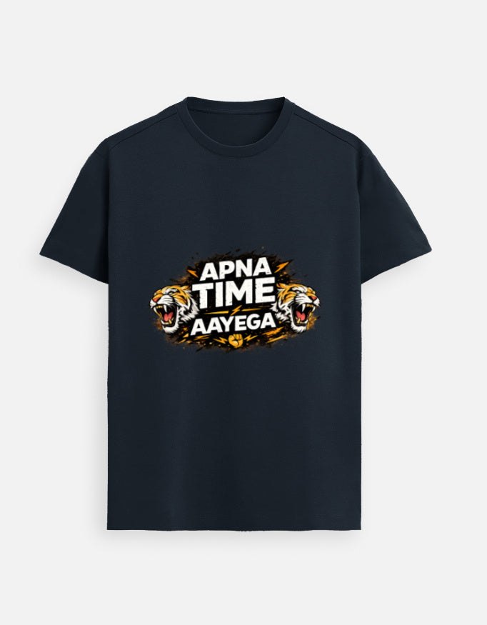Navy blue unisex graphic tee with APNA TIME AAYEGA text and twin tiger face print
