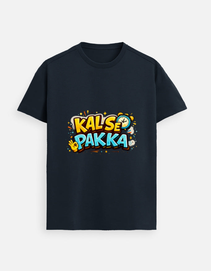 Navy crew-neck blank tee with front graphic print; short sleeves.