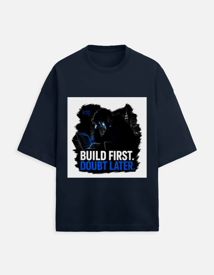 Unisex oversized terry T-shirt in navy with front graphic print