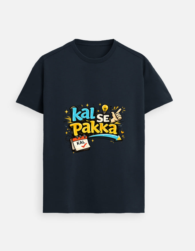 Navy unisex graphic tee with colorful 'Kal Se Pakka' front print