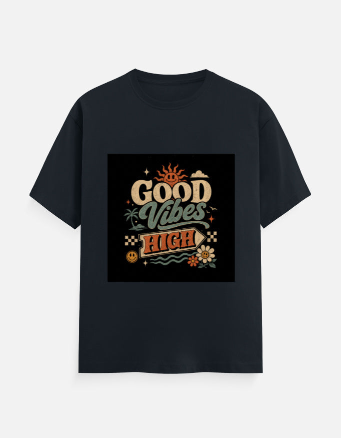 Dark navy crew neck T-shirt with "Good Vibes High" graphic print on chest