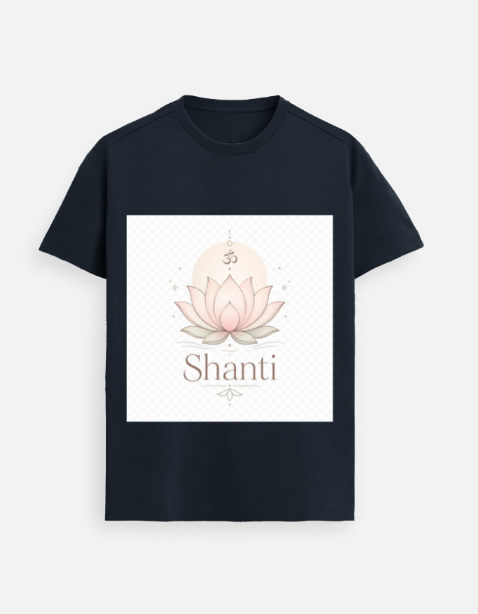 Navy graphic tee with lotus and “Shanti” front print