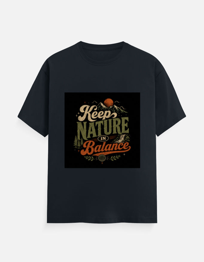 Navy crew neck T-shirt with "Keep Nature Balance" graphic print