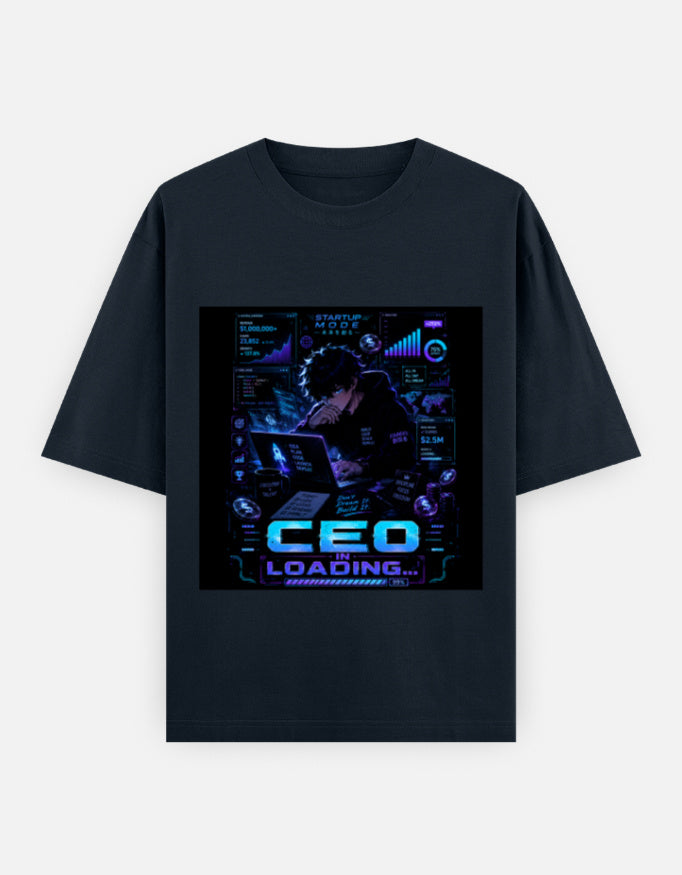 Navy crew-neck t-shirt with blue CEO loading graphic print on chest