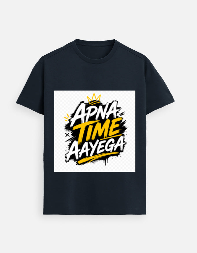 Navy graphic tee with front “APNA TIME AAyeGA” logo print