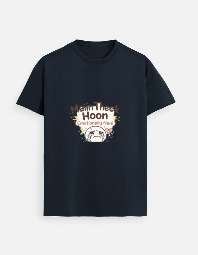 Navy crewneck T-shirt with front graphic text and cute character illustration.