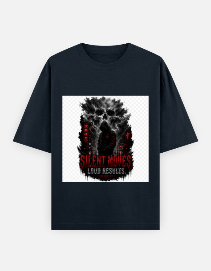 Oversized dark navy classic tee with front graphic print, short sleeves, crew neck