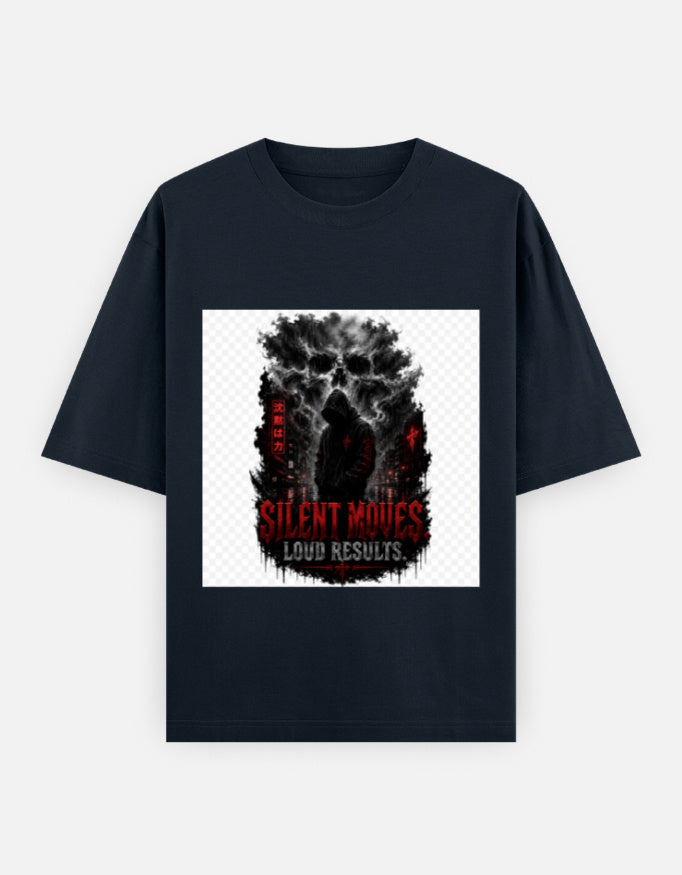 Navy oversized crewneck tee with front graphic print, short sleeves