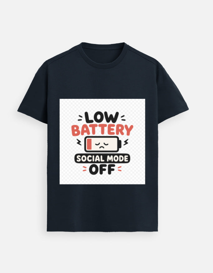 Navy blue graphic tee with “Low Battery” and “Social Mode Off” print