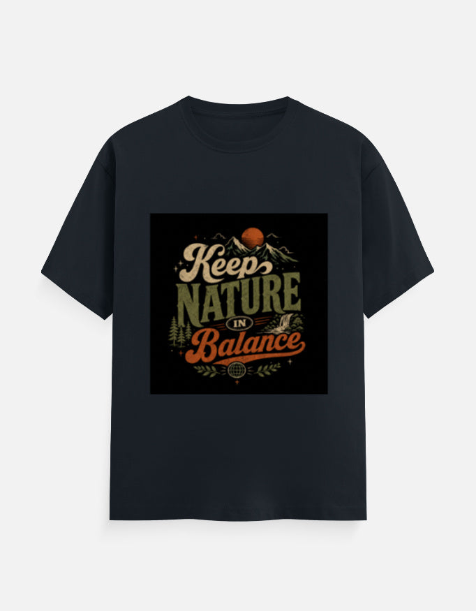 Dark blue crew-neck T-shirt with 'Keep Nature Balance' nature logo print