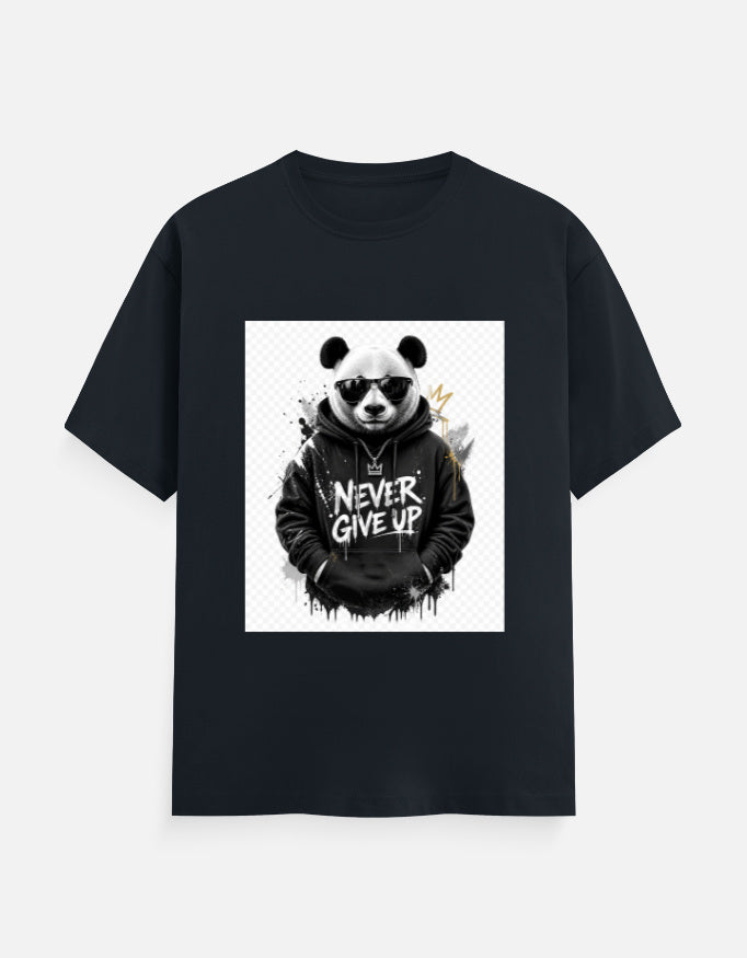Crew-neck T-shirt with centered panda graphic, dark fabric