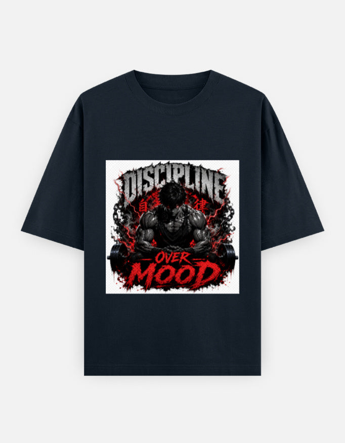 Oversized crewneck graphic tee, navy with red and black "Discipline Over Mood" print