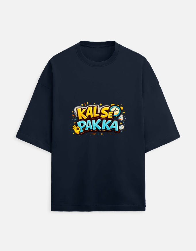 Unisex terry oversized tee, navy, front “KAL’S E PAKKA” graphic print
