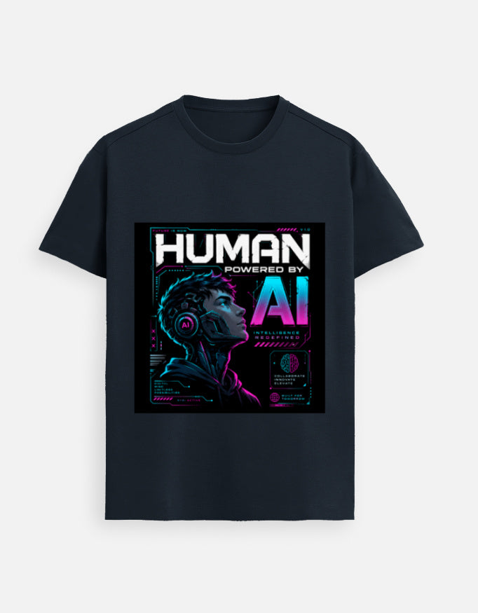 Navy graphic T-shirt with bold square AI-themed front print