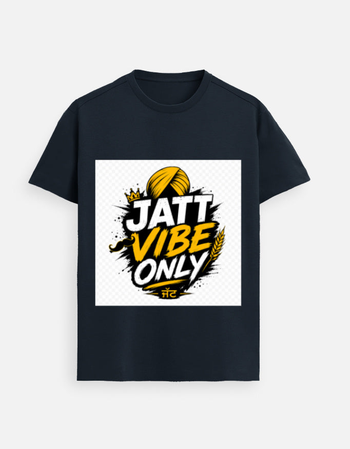 Navy graphic crewneck T-shirt with “JATT VIBE ONLY” front print in yellow and black