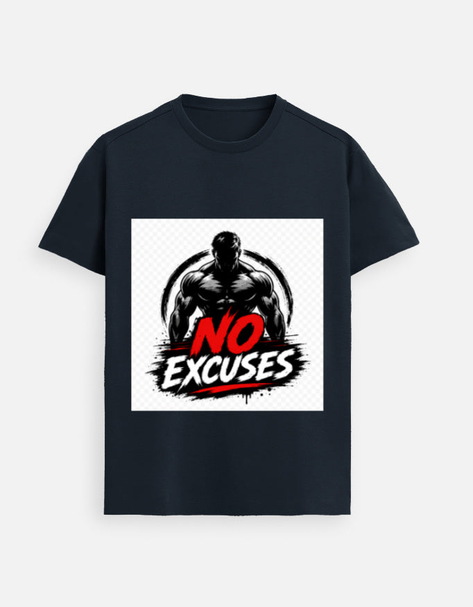 Navy graphic tee featuring 'NO EXCUSES' text and muscular figure graphic center front