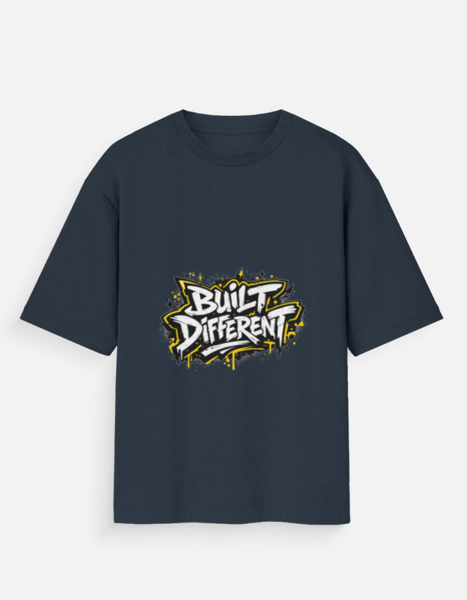Oversized graphic tee, navy blue crew neck, short sleeves, 'Built Different' logo front
