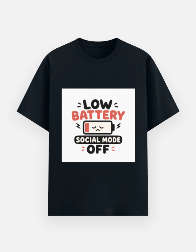 Navy unisex graphic tee with “Low Battery Social Mode Off” battery icon text
